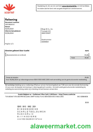 Belgium Scarlet business utility bill template in Word and PDF format